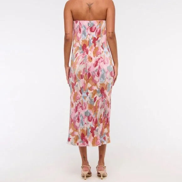 NWT A&F Giselle Pleat Release Satin Midi Dress Pink Pattern Multicolor Medium - Picture 2 of 15